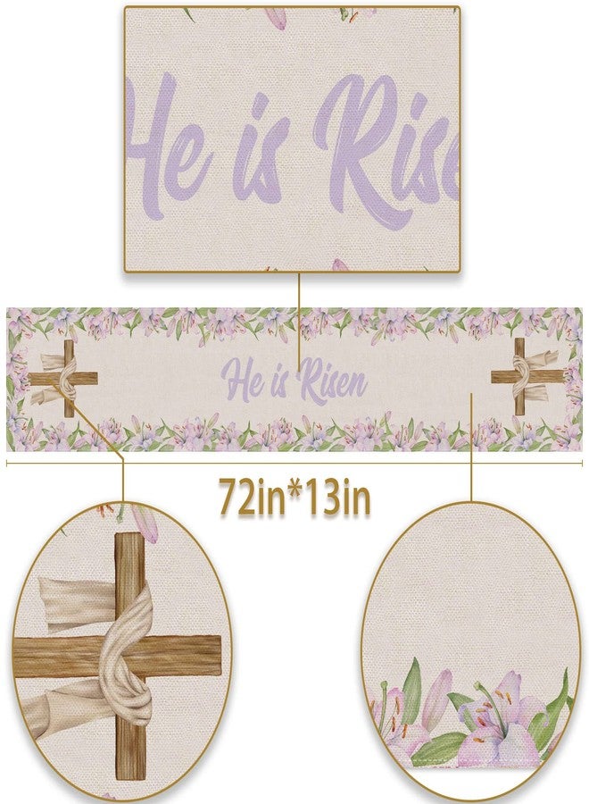 Pudodo He is Risen Table Runner Easter Christian Cross Resurrection Lily Flower Spring Holiday Party Kitchen Dining Home Decor - Image 2